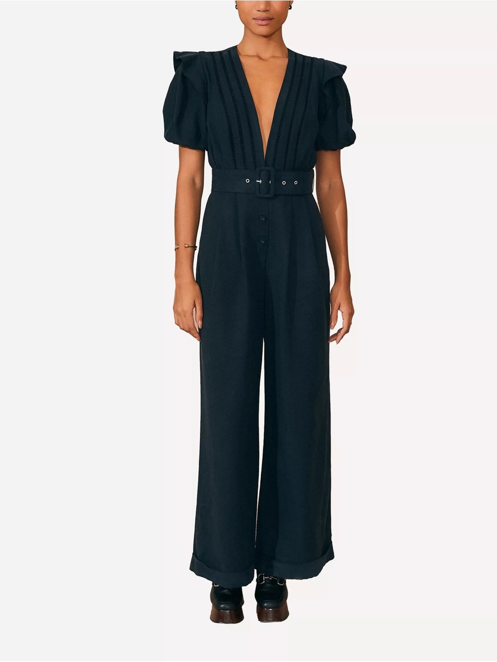 FARM Rio Black Pleated Short Sleeve Belted Wide Leg Jumpsuit XL NWT